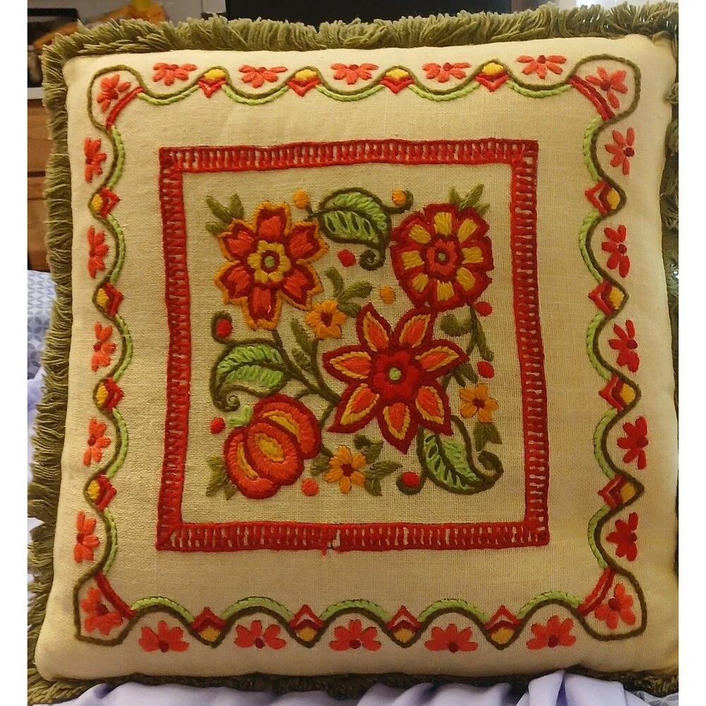 Vtg Needlepoint Handmade Throw Pillow Floral Cushion Green Fringe